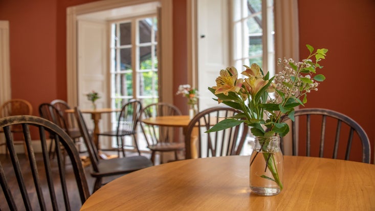 The indoor seating area at Watermeet, full of colour and life, decorated with bold colour on the walls and flowers on each table.